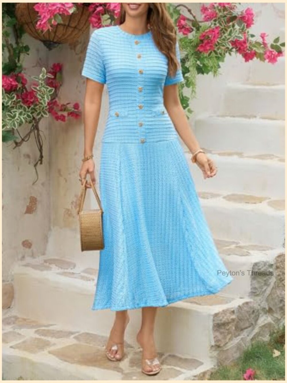 Textured Slim Fit Midi Dress with Short Sleeves and Crewneck - Picture 2 of 7